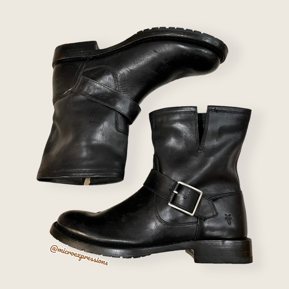 $388 Frye Natalie Engineer Black Leather  Short Moto Belted Casual Lug AnkleBoot - Picture 9 of 16